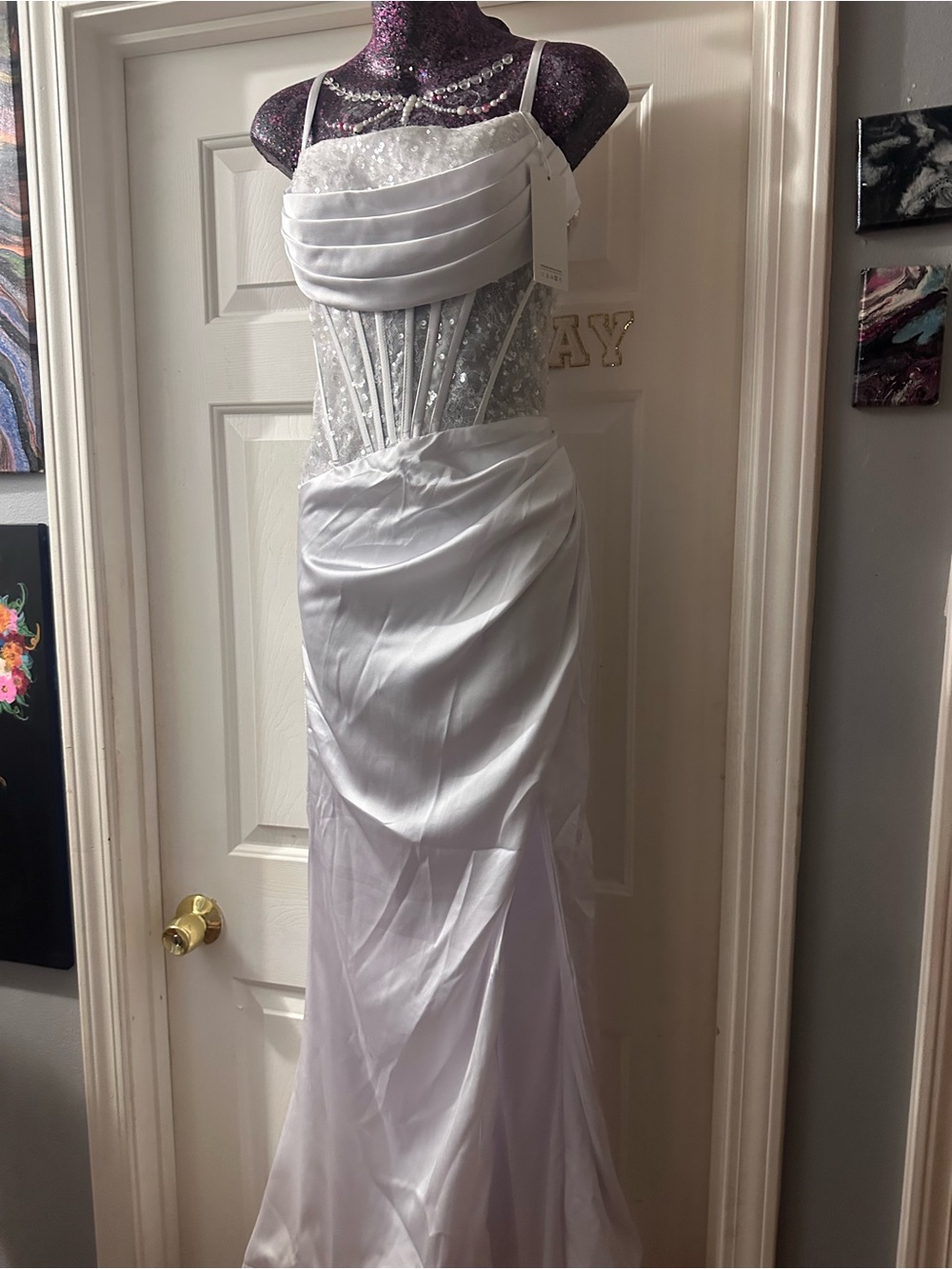 Elegant White Sequin Satin Wedding Dress with Draped Bodice